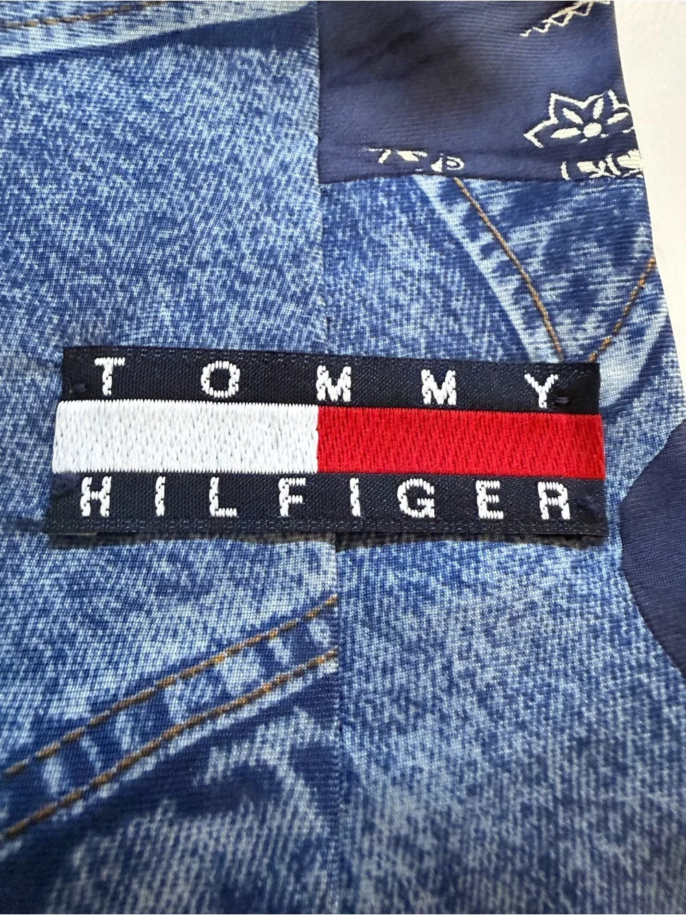 VTG 90s Tommy Hilfiger Silk Tie Denim Jeans Patchwork Americana Bandana Made USA